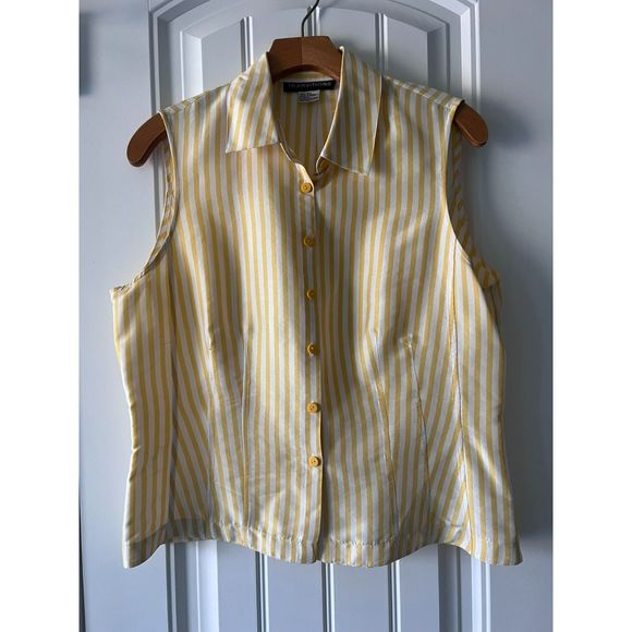 Silk button down sleeveless yellow and white striped blouse size 10 - Picture 1 of 3